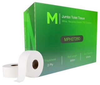Recycled Jumbo Toilet Tissue - White, 2 Ply, 300m Carton - Matthews