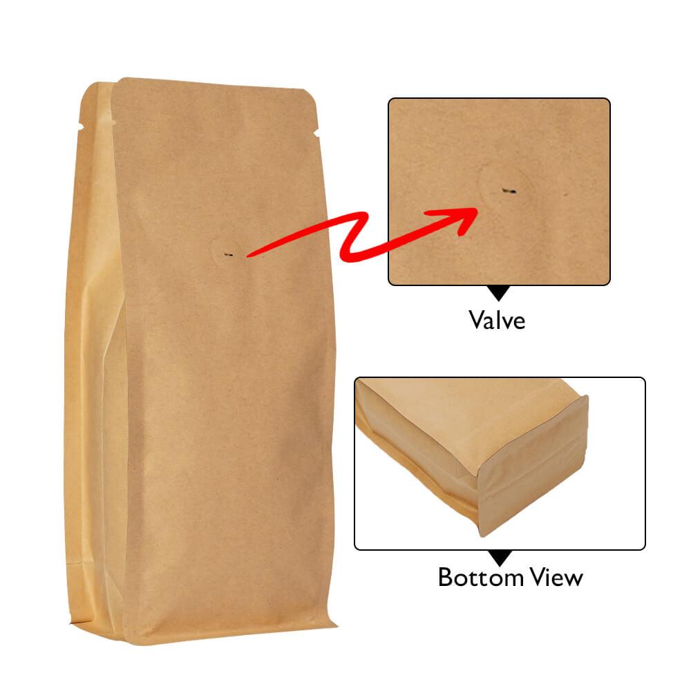 Flat Bottom Pouch - No Zipper 250g Brown Paper with Valve 95w x 230h x (35 + 35)g
