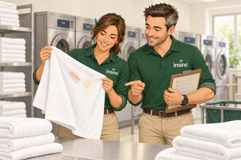 Alex and Alex checking a stained hotel towel in the laundry