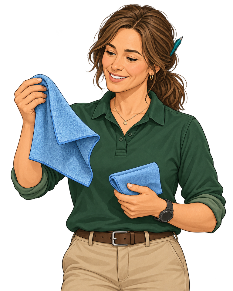 Female Alex checking a clean blue microfibre glass cloth