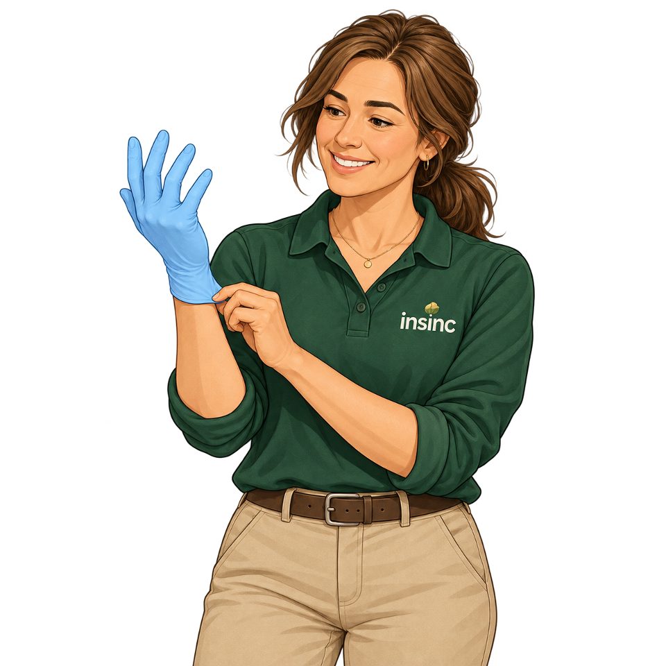 Female Alex checking the fit of a blue disposable glove around her fingers and wrist